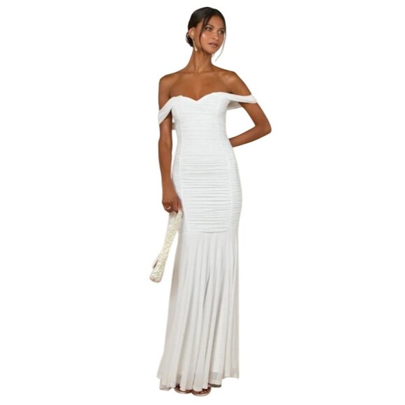 Lulus Ruched Romantic White Mesh Off-the-Shoulder Mermaid Maxi Dress, Size M - Picture 5 of 16